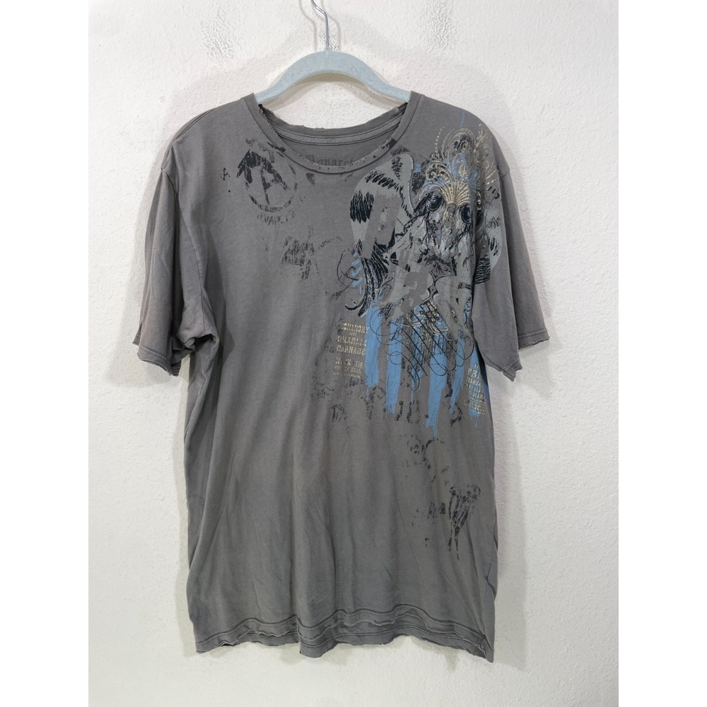 Monarchy LARGE Y2K‎ Gold Embroidered Grunge Goth Distressed Fitted T Shirt Brown